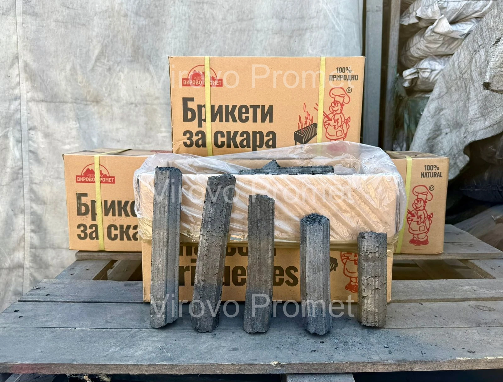 Virovo Promet grilling briquettes displayed with branded cartons