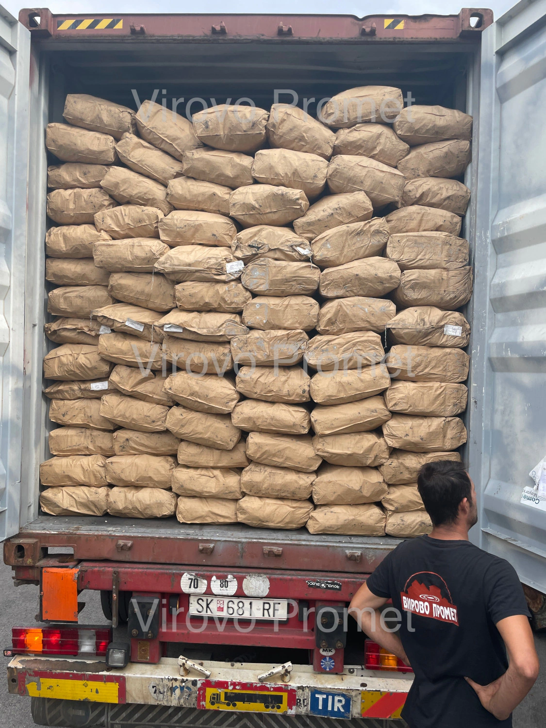 Finished charcoal packed into a shipping container for export