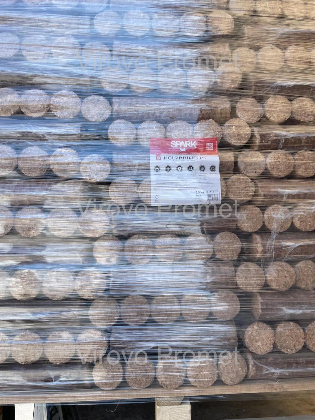 Pallet of pressed briquettes wrapped for shipping